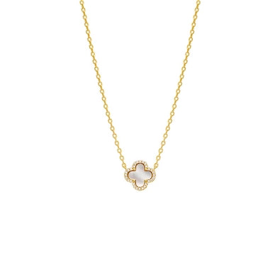 PAVE OUTLINED FOUR LEAF CLOVER NECKLACE, MOTHER OF PEARL, 18”
